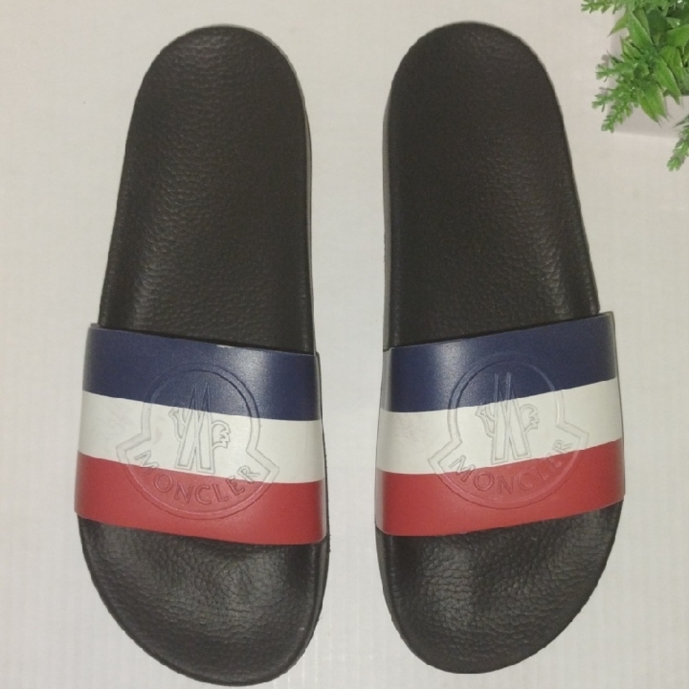 Moncler Mens Basile Slides. Size 46 (US 12). Red White and Blue in color.